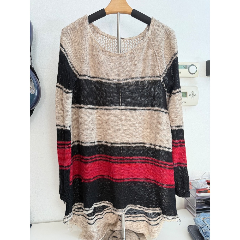 Free People Striped Knit Tunic Sweater High Low Boho Oversized Red Black Small